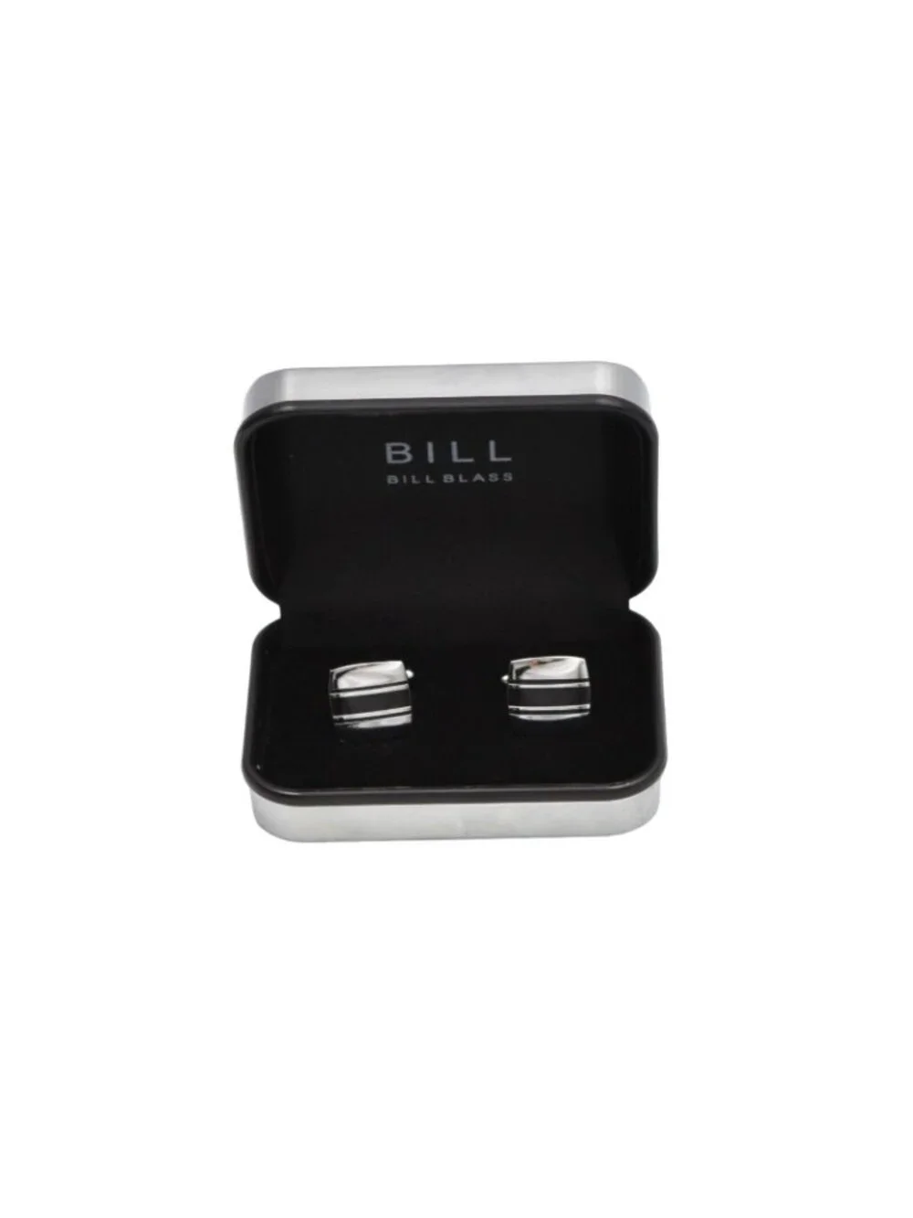Bill Blass Cufflinks Silver Tone Rectangular With Black Strips in Case